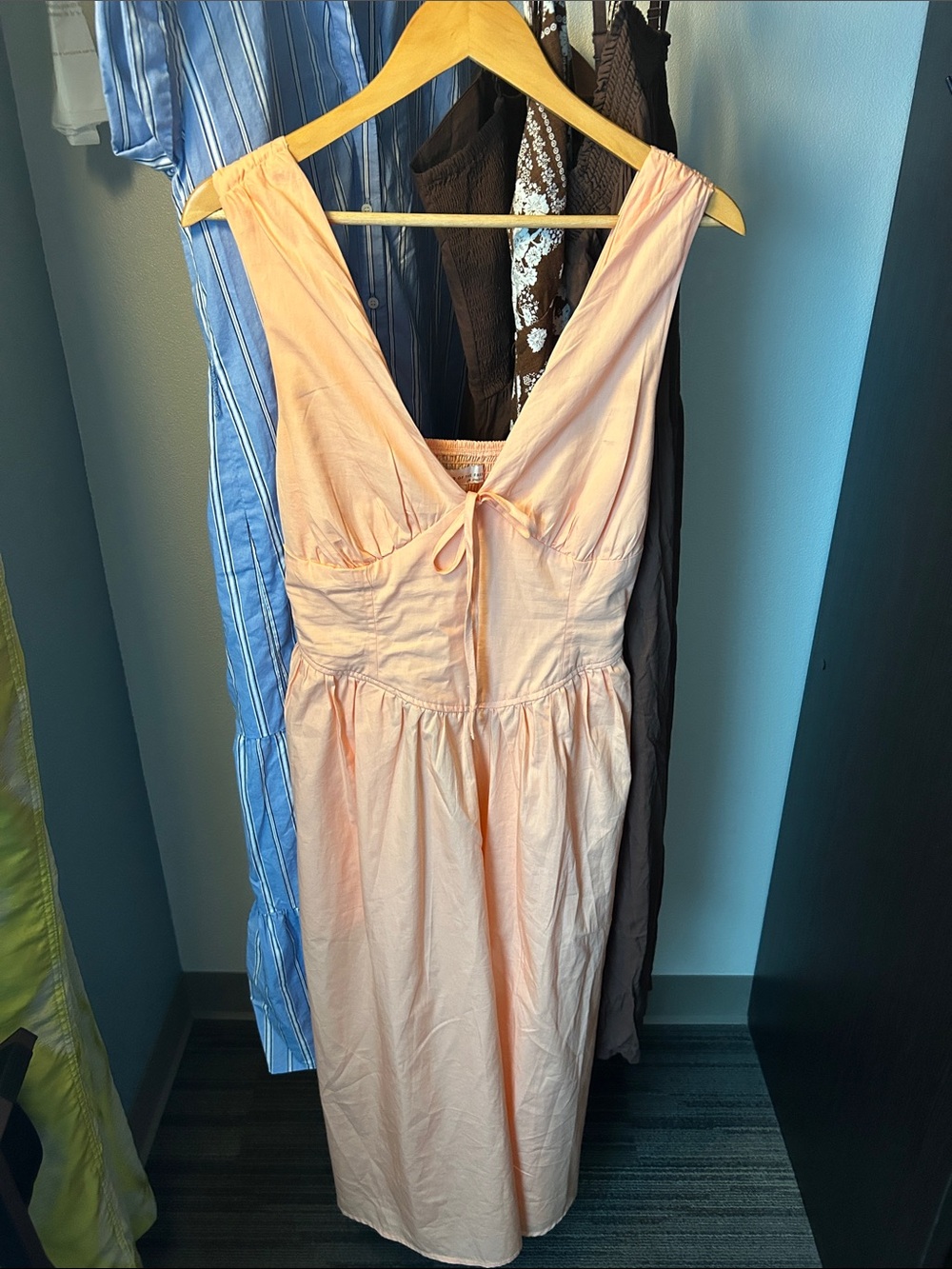 Tie-Front Peach Midi Dress with V-Neck